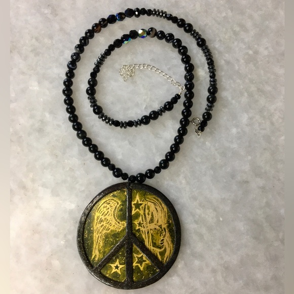 Peace Handcrafted Brass/Copper mixed metal on gemstone beaded necklace 20-22β - Picture 5 of 16